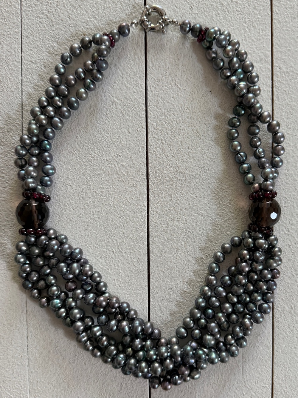 Tiered Iridescent Peacock Gray Faux Pearl Statement Necklace